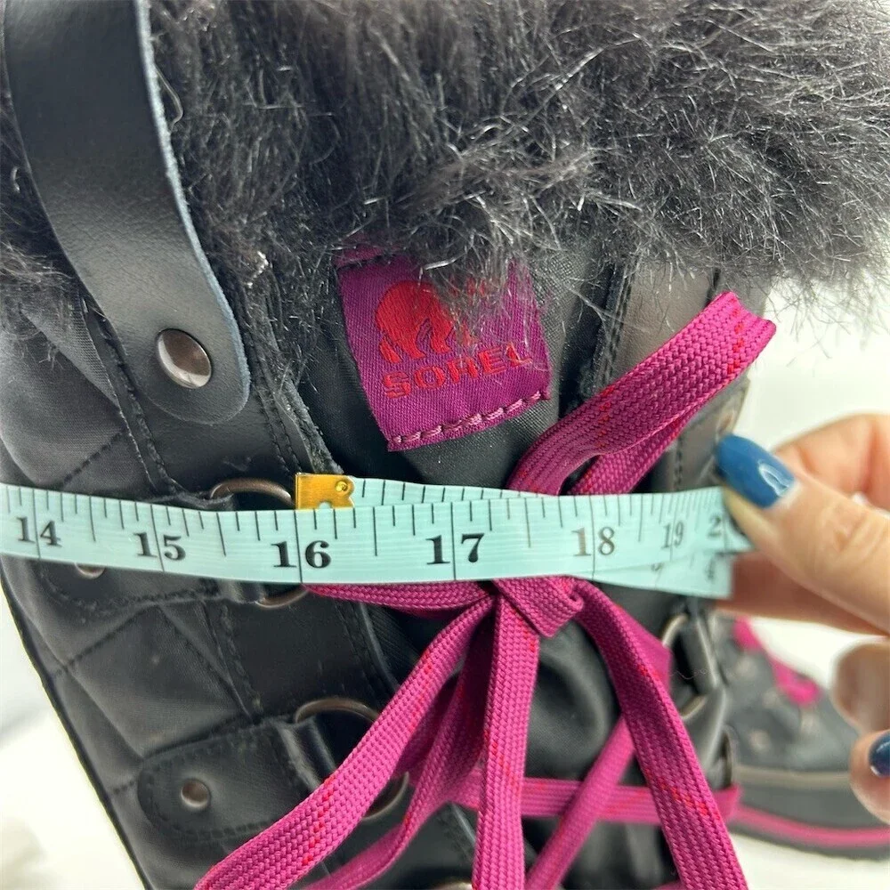 Sorel Tivoli Twist Snow Boots Womens Black Quilted Faux Fur Pink Laces Size 9